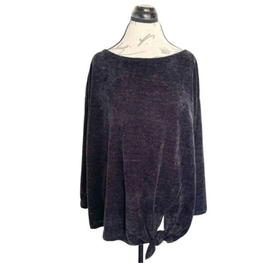Cherish Womens Sweater Textured Size Large Black Oversized Side Tied Waffle